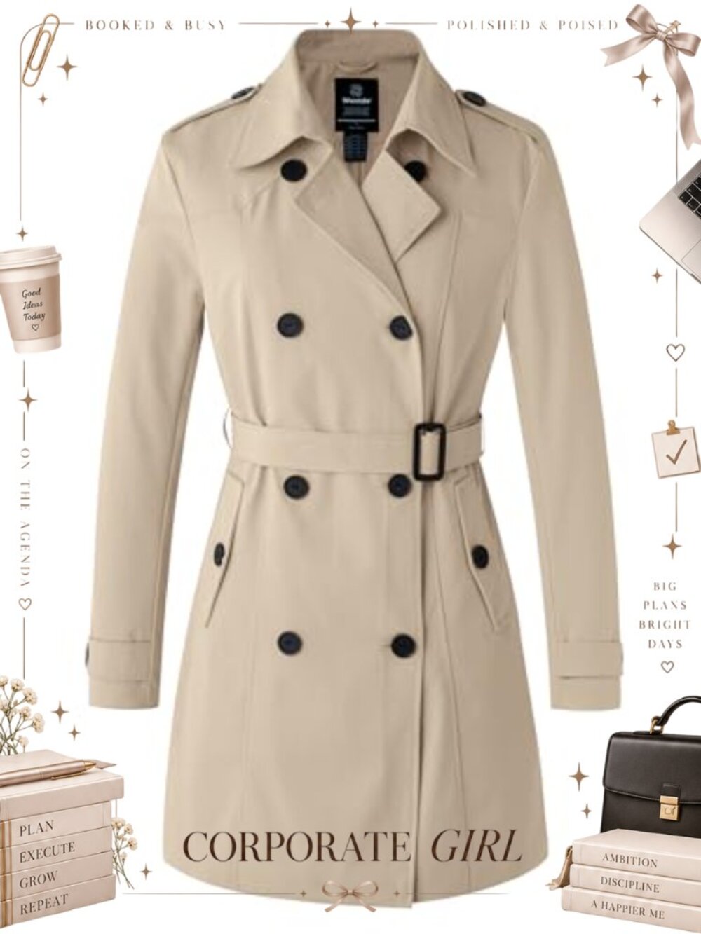 Waterproof Trench Coat Classic Lapel Double Breasted Belted Long Sleeve